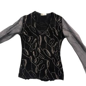 Vtg Womens Black Mesh Top Glittery Geometric Pattern (S-M) Made in Italy Elegant